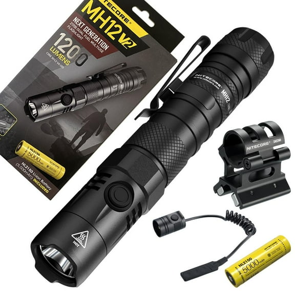 Combo: Nitecore MH12 V2 CREE XP-L2 V6 LED Flashlight -1200 Lumens -21700 Battery (Included) w/ RSW3 Pressure Switch and GM02MH Mount