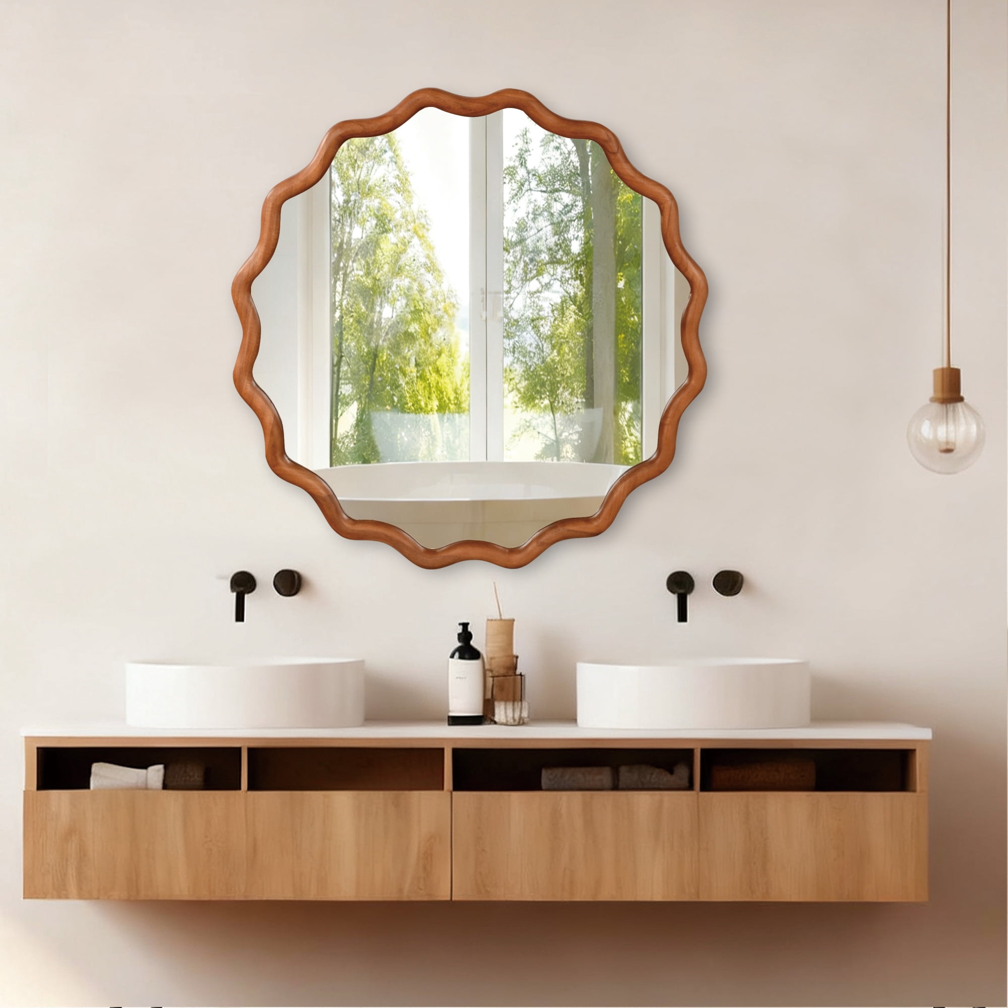 Leumius 36" Wavy Round Mirror, Solid Wood Frame Decorative Mirror for Bedroom Bathroom Living Room Entryway Brown