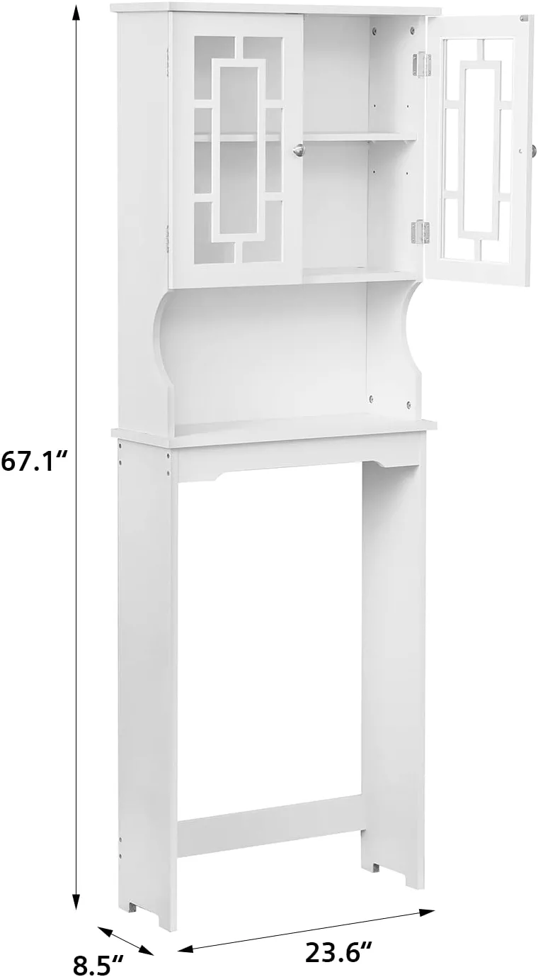 Erommy Over-The-Toilet Storage, Wooden Bathroom Organizer, with 2 Glass Doors & Adjustable Shelf for Bathroom, White