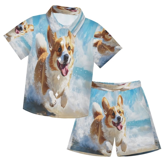 YAZAOO Button-Down Shirts Summer Shorts Sets Fashion Corgi Play on The Beach Pattern Casual Set