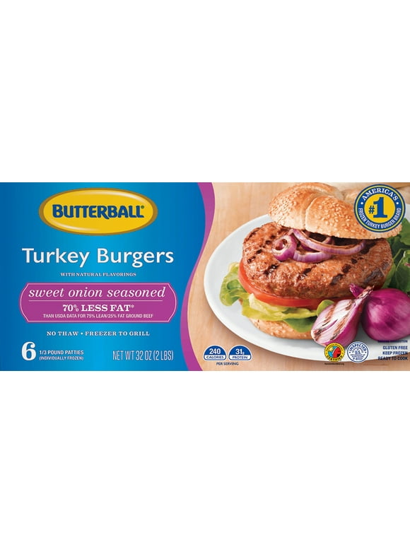 Butterball Sweet Onion Frozen Turkey Burgers, 6 1/3 lb. Patties, 2 lb. Package