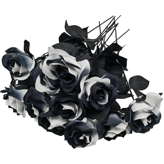 14PCS Black and White Artificial Roses Flowers,Black and White Fake Roses Bouquet Faux Silk Black and White Flowers for Halloween Party Home Decor (Black and White Rose)