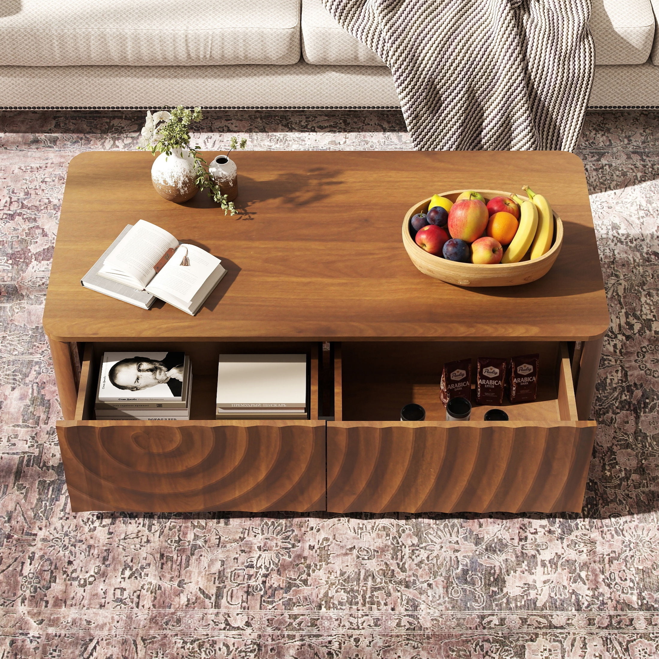 Noble House Onel Modern Coffee Table with Storage Drawers Rectangle Water Wave Texture Table for Living Room, Walnut