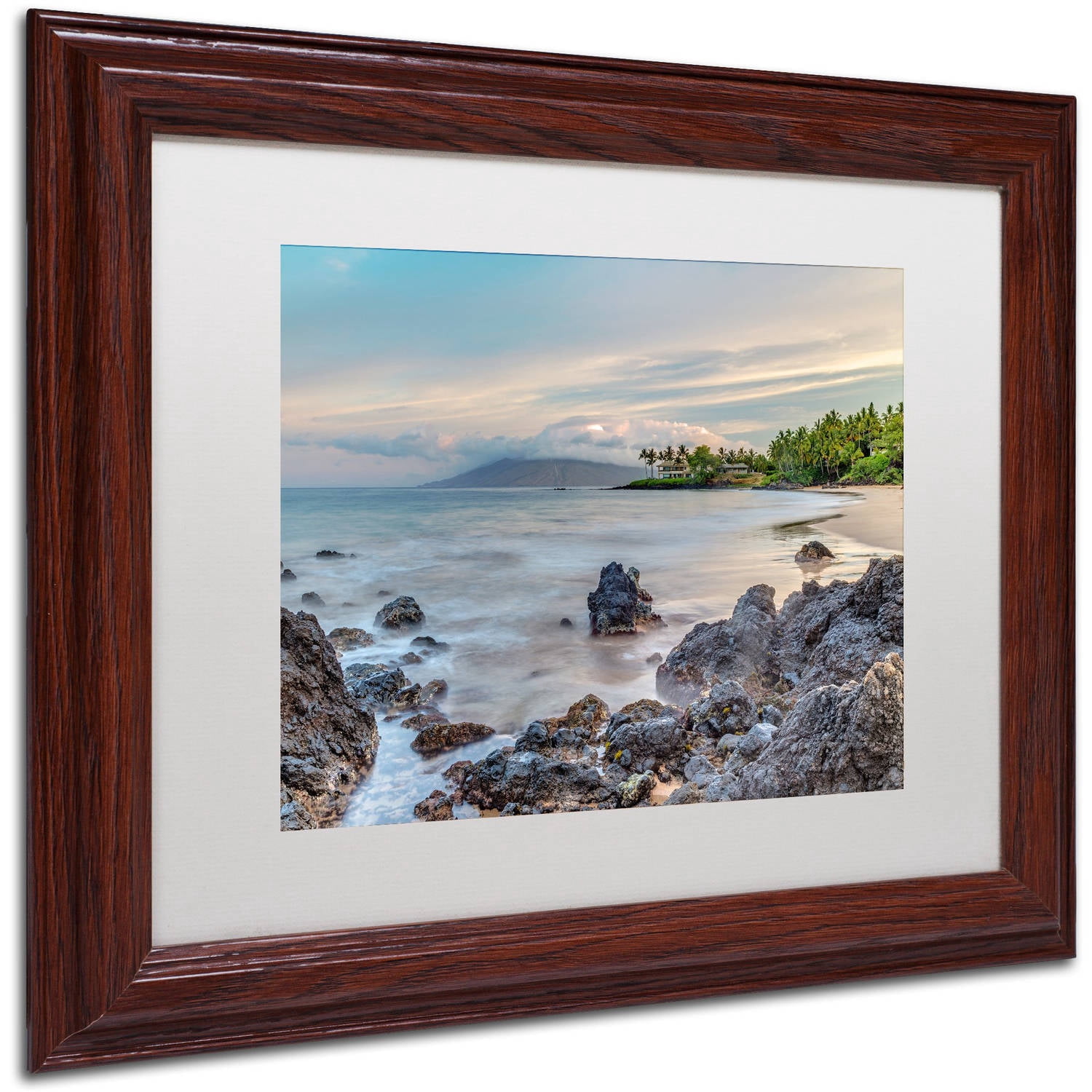 Trademark Fine Art 'Secret Beach Sunrise Maui' Canvas Art by Pierre Leclerc, White Matte, Wood Frame