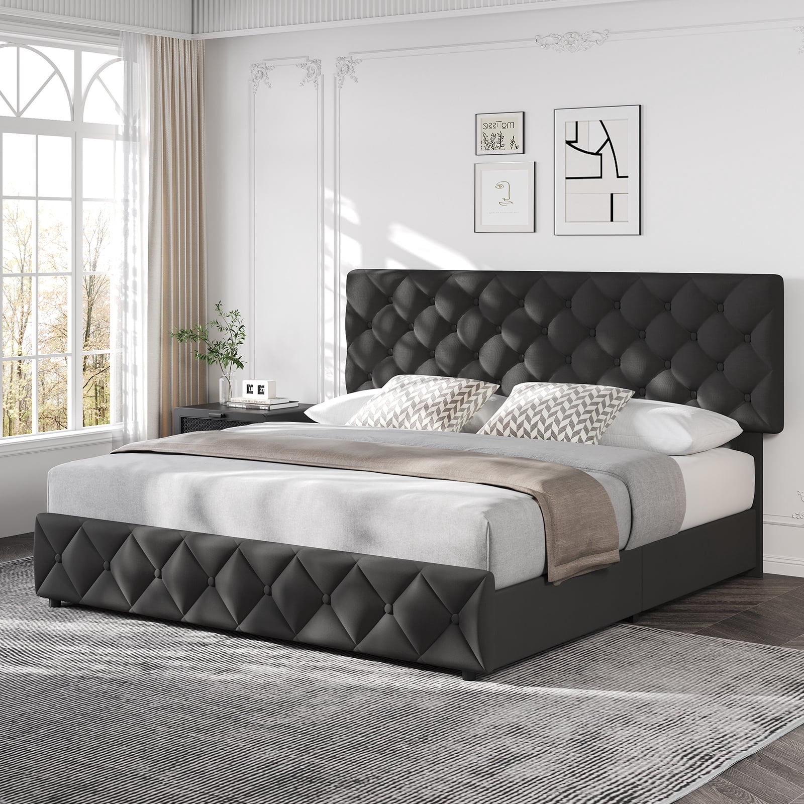 TEQIN Upholstered Queen Bed Frame with 4 Storage Drawers, Diamond Tufted Fabric Platform Bed with Sturdy Support,No Box Spring Needed, Easy Assembly, Noise Free