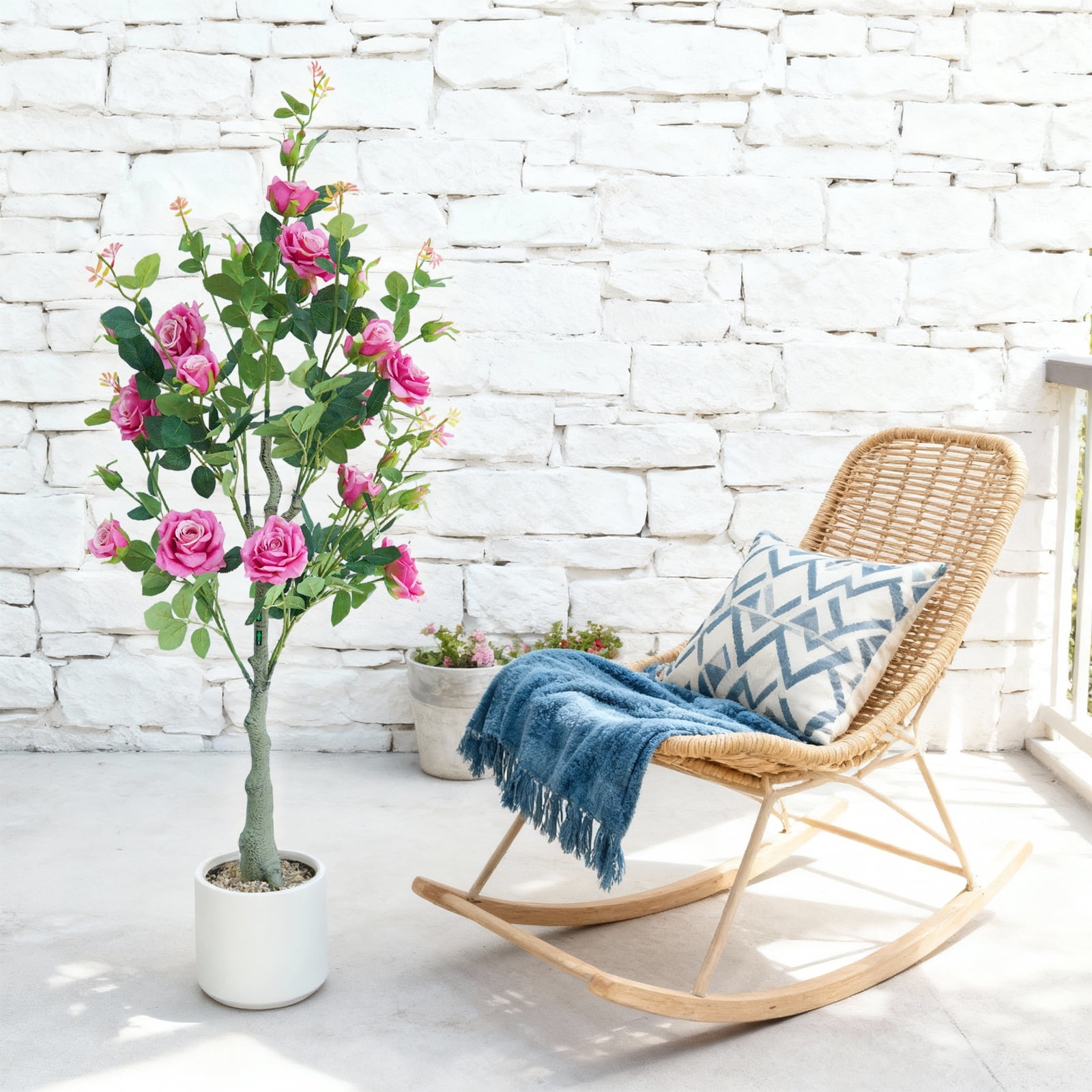 Lifelike & UV Resistant Artificial Rose Tree – 120cm Faux Plant with Silk Flowers & Plastic Leaves, White Pot, Easy Maintenance, Nordic Home/Office Décor
