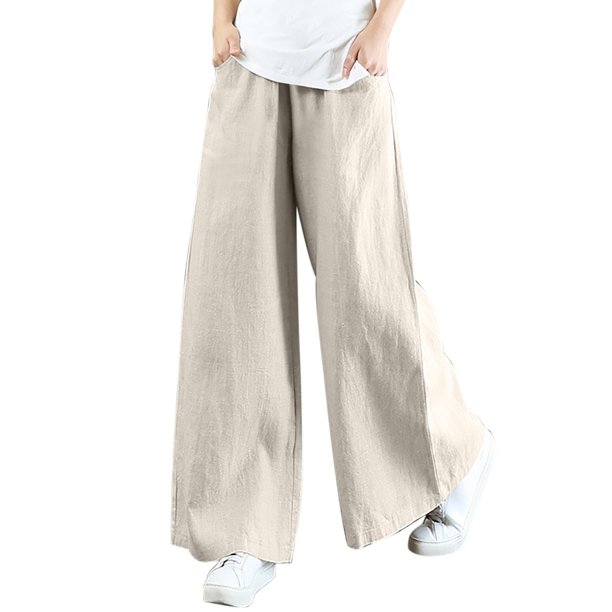 Gibobby pantalones de cargo mujer Pantalones elásticos transpirables de bolsillo Pantalones sueltos de algodón y lino Pantalones de mujer (Beige, L)