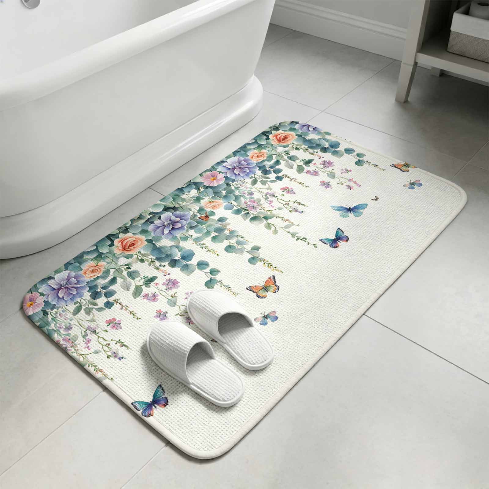Country Flower Butterfly Eucalyptus Leaf Door Mat,Indoor Outdoor Welcome Doormat Fallen Leaves on White Absorbent Linen Front Door Mats Non-Slip Entrance Rug for Kitchen Bathroom Entryway,16x24in