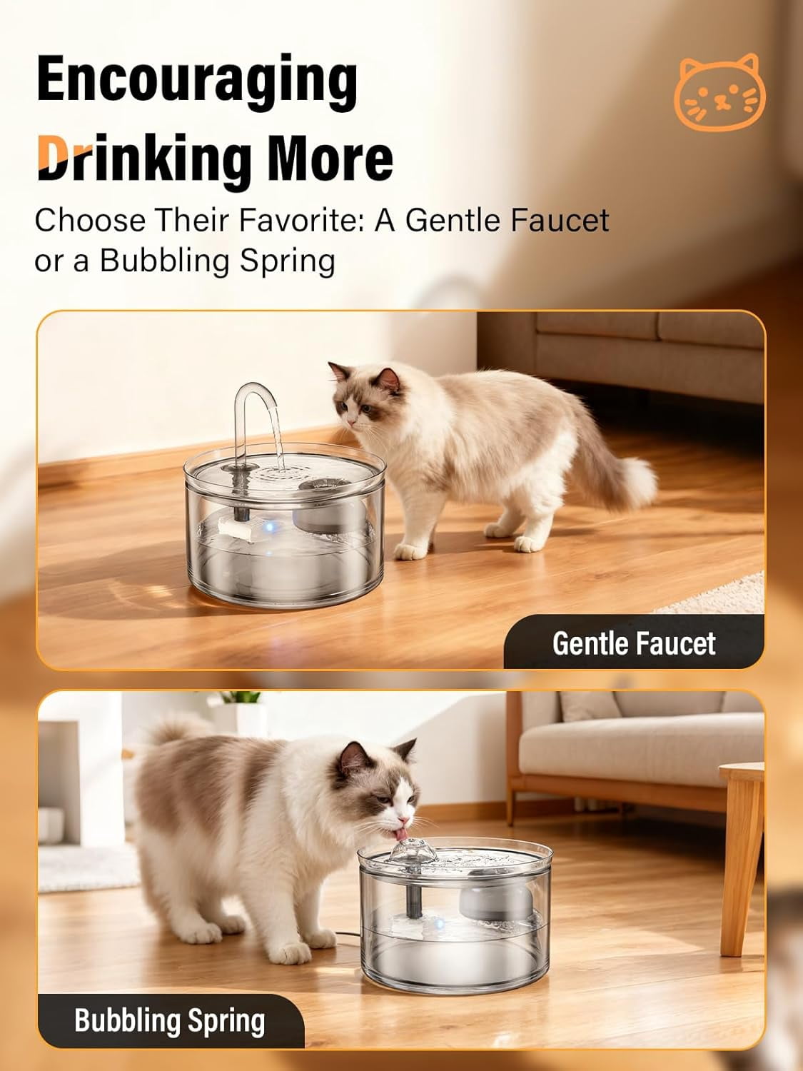 Cat Water Fountain, 74oz/2.2L Glass Automatic Water Fountain with Ultra-Quiet Auto Shut-Off Pump, Easy to Clean Pet Water Dispenser for Cats, Kittens Indoor (with 4 Filters)