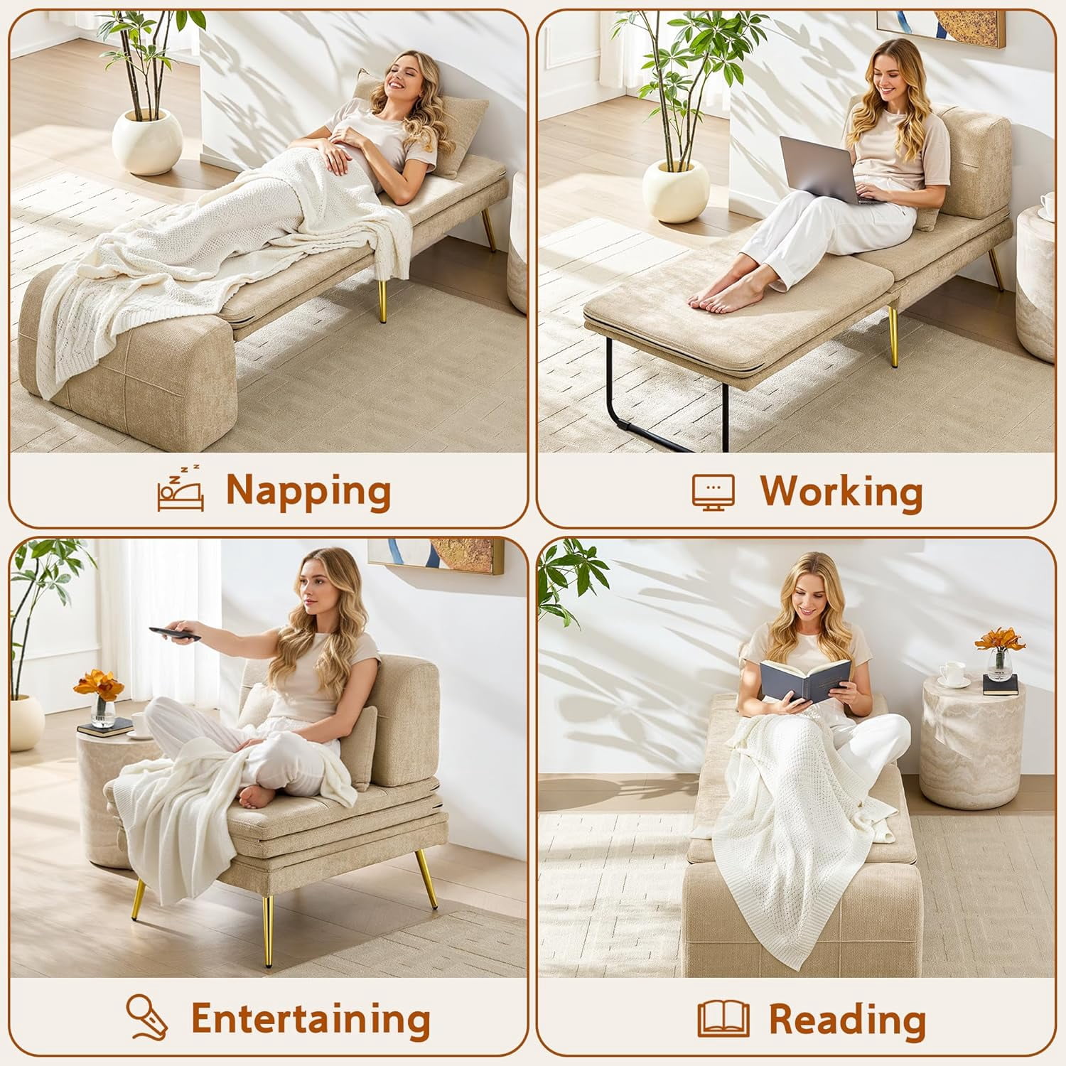 Akaber 3-in-1 Futon Sofa Bed, Chenille Sleeper Chair with Back Support & Pillow, Wood Frame, Metal Legs