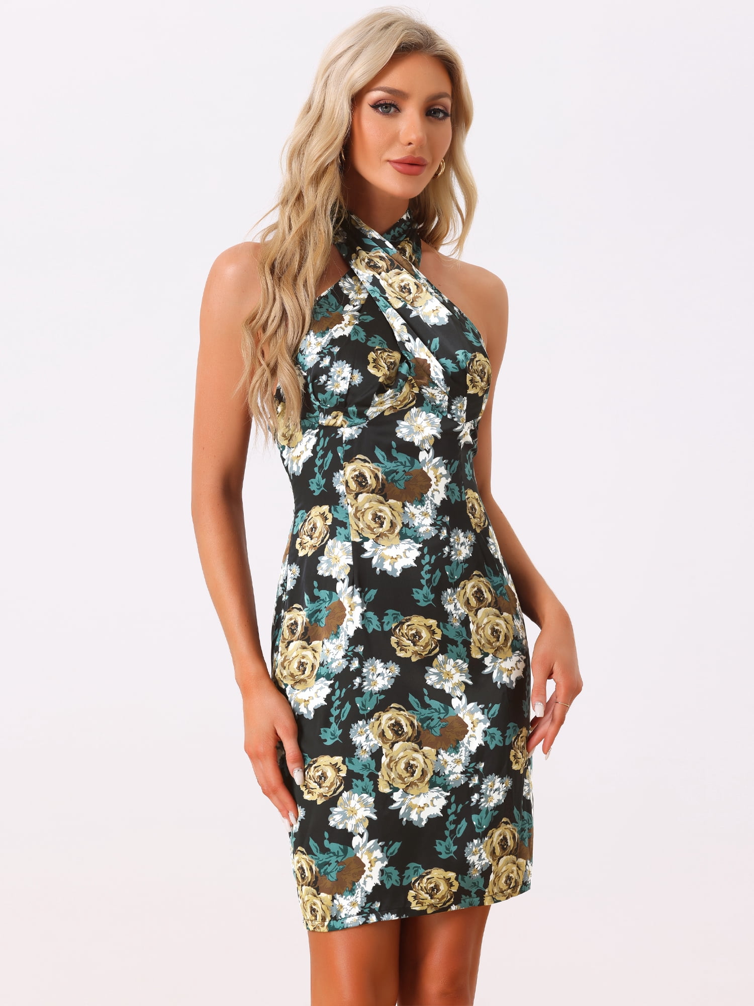 DARING DIVA Women's Summer Floral Satin Halter Neck Sleeveless Mini Dresses XL Black
