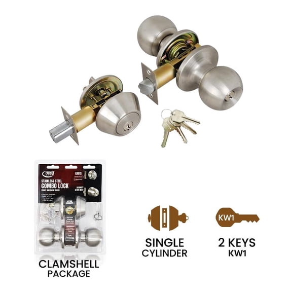 Premier Lock Entry Knob Combo Set, Deadbolt, Stainless, 4 KW1 Keys