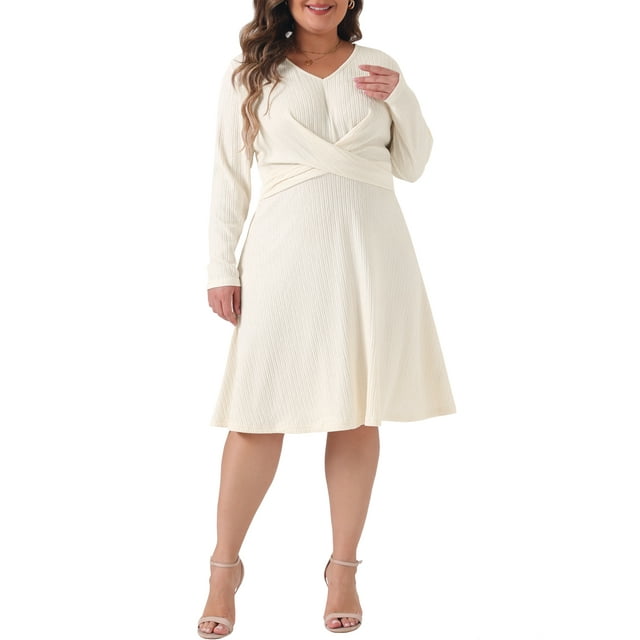 Vestidos de talla grande para mujer GRACE & GRANDEUR, de manga larga, elegante, tejido de punto, con cruce en V, vestido midi, color beige 3X