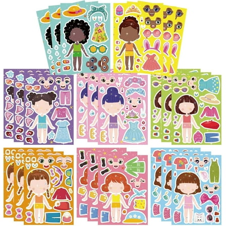 24 Sheets Make a face and Dress Up Stickers for Girls, Make Your Own Stickers for Kids Toddlers, Party Favor, Birthday Gift, DIY Art Craft, Classroom Teacher Reward