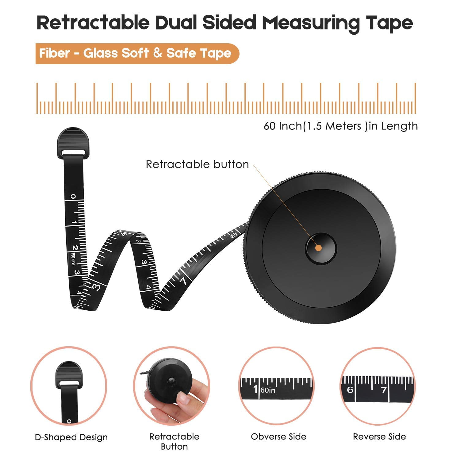 REIDEA Body Measure Tape 60in (150cm), Lock Pin and Push-Button Retract,  Ergnomic and Portable Design, Incl. Bonus Kit (1x 79in Clothing Measure Tape,  1 x 60in …