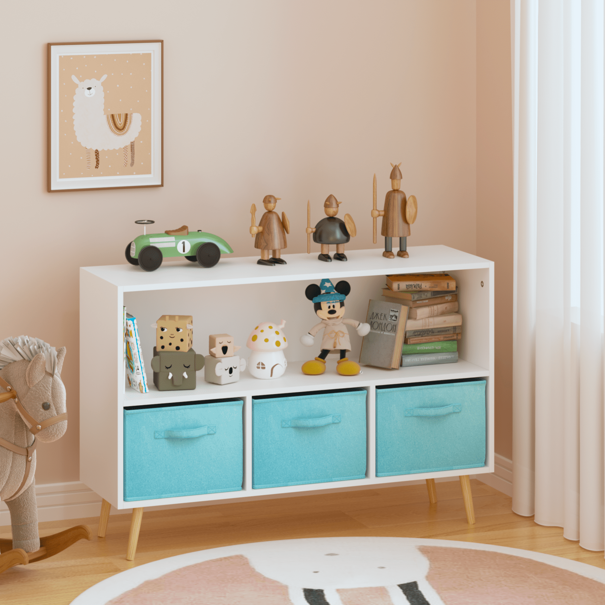 Baby Furniture, Kids bookcase with Collapsible Fabric Drawers, Children's Book Display, Toy Storage Cabinet Organizer, White/Blue, White+Blue Kids Furniture,Mdf Kids Furniture