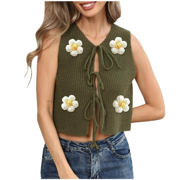 Tie Front Sweater Vest Women Floral Sleeveless Knit Vests Y2k Cute Fashion Casual Sleeveless Tops Army Green, S