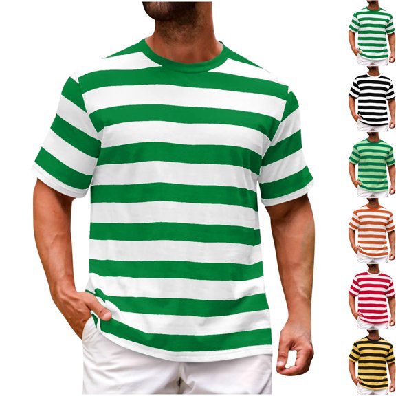 Men's Short Sleeve Striped T-Shirts Big & Tall Crewneck Vintage Stripe Tee Summer Beach Vacation Casual Top Breathable Workout Athletic Running Shirt Jersey Knit