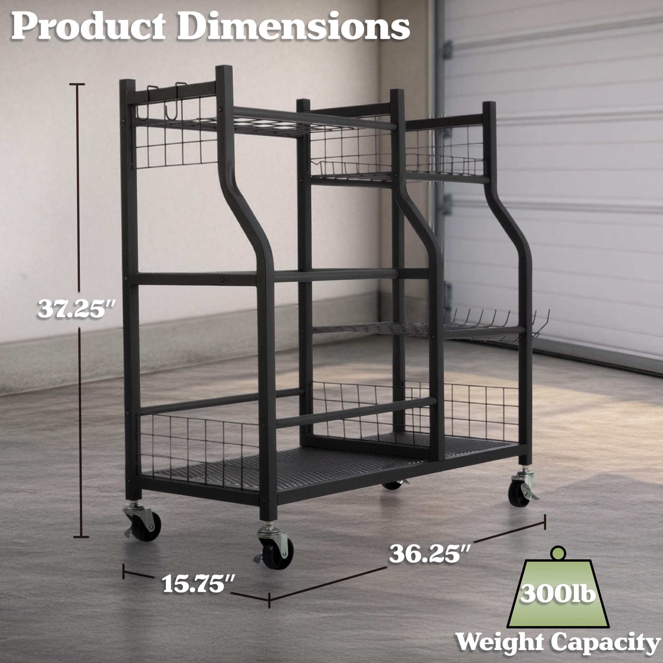 Pure Garden Garage Garden Tool Organizer with Wheels, 3 Shelves, 28 Slots for Long Handles and Hooks