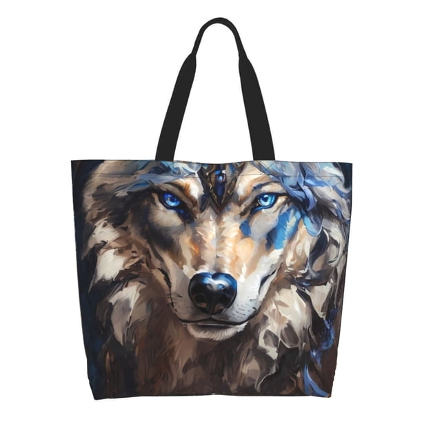 Easygdp Vintage Blue Floral Wolf Bolsas Tote para Mujer, Bolsos de Hombro para Viaje, Bolsos de Mano de Gran Capacidad para Compras y Trabajo