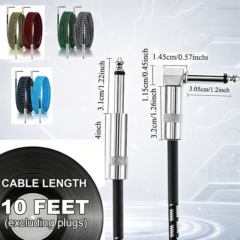 3-Pack 10ft Braided Guitar Cables for Electric Guitar, Bass, Microphone, Speaker, Mixing Console, 1/4" Interface Instrument Cables with Durable Copper & PE Build and Tangle-Free Tweed Jacket