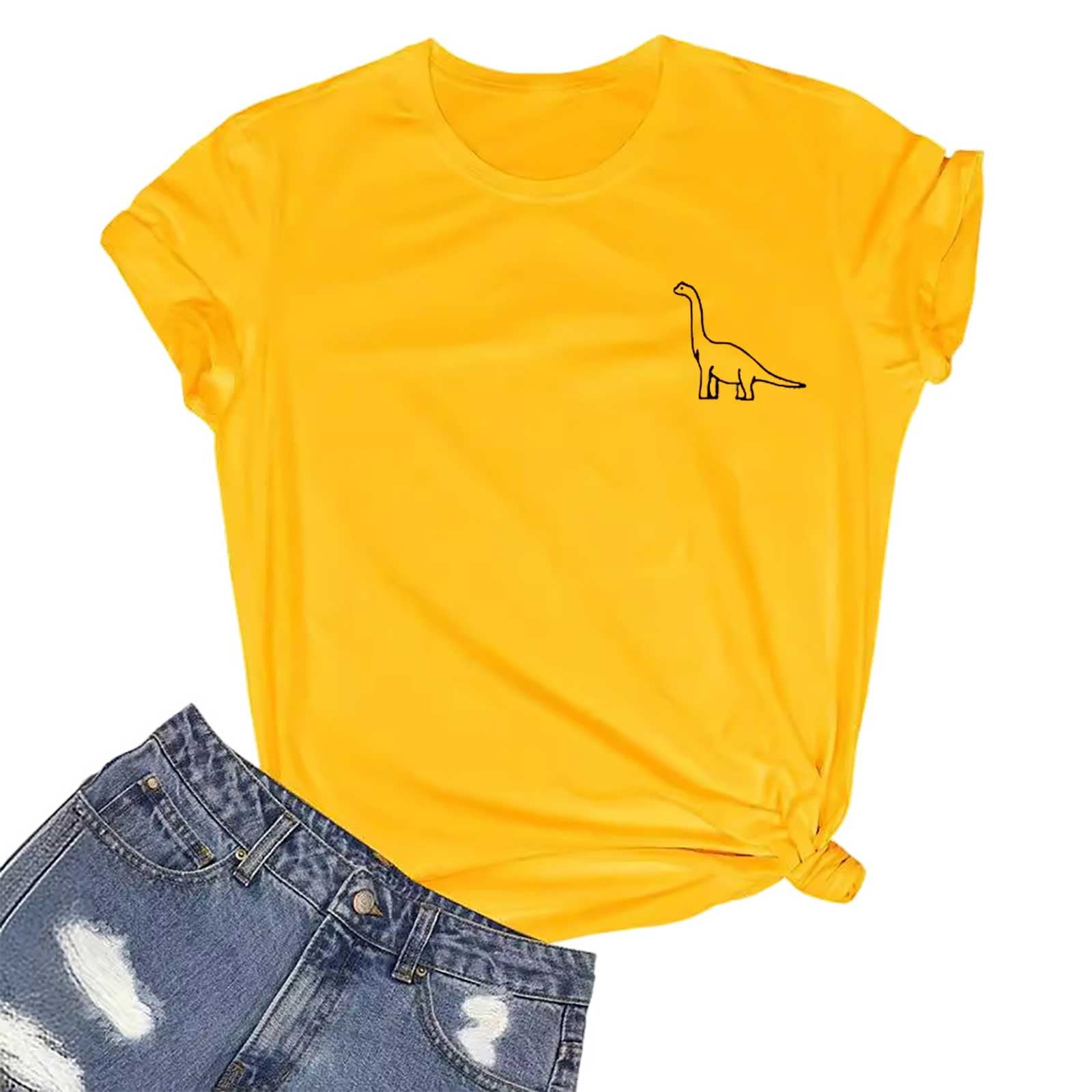 WEIYLL T Shirts for Women Small Dinosaur Print Yellow Blouse Sizes L