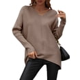 thumbnail image 2 of Sunloudy Suéter de otoño para mujer, suéter de punto de manga larga con cuello en V de color sólido con dobladillo irregular para damas, S / M / L / XL Sunloudy  moda, 2 of 7
