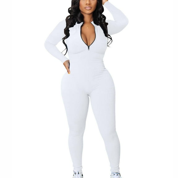 Jumpsuits for Women Long Sleeve V Neck Zipper Casual One Piece Ribbed Rompers Bodysuits Outfits for Workout