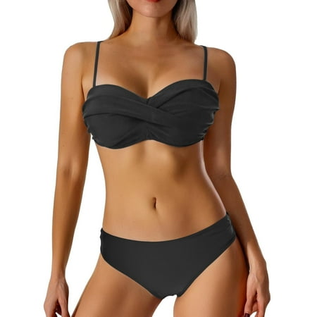 JIANJIA Tankini Swimsuits for Women Summer Solid Color Sexy Spaghetti Strap Push Up Bra And Panty Set Two Piece Swimwears Activewear Black XXL
