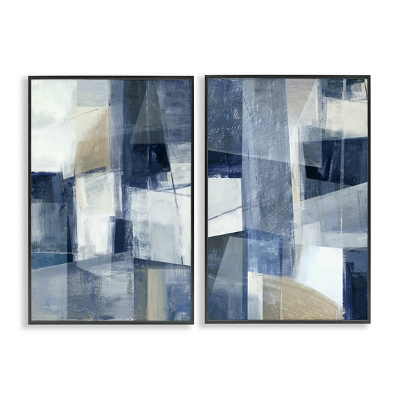 Stupell Industries Blue & Neutral Geometrics Abstract Painting Black Framed Art Print Wall Art, 12 x 18, Set of 2