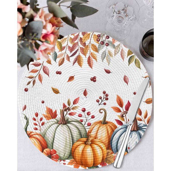 13 Inch Round Placemats Set of 6, Orange Blue Fall Non Slip Heat Insulation PP Table Mats, Thanksgiving Pumpkins Maple Leaf Washable Place Mats for Kitchen Dining Party Table Decor