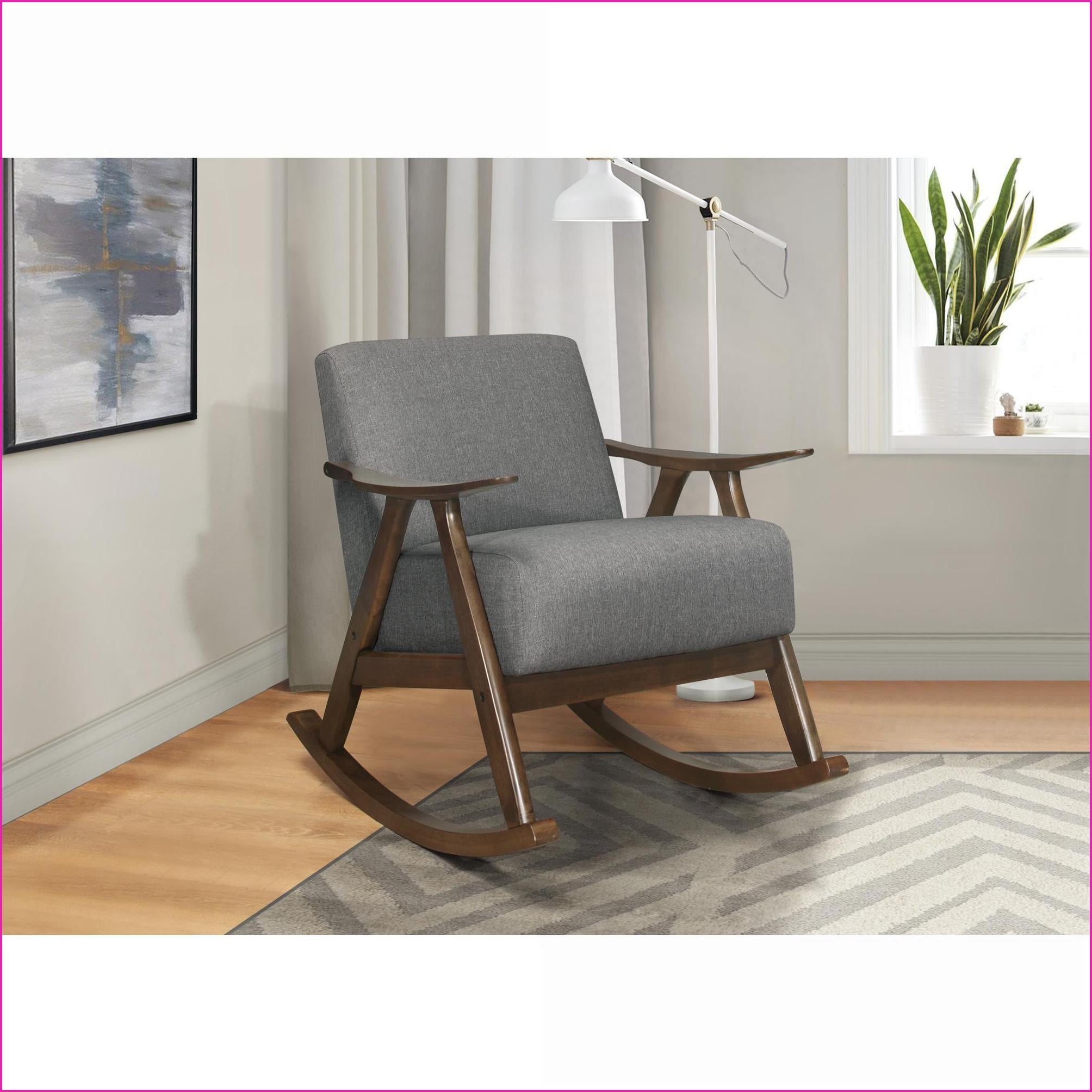 Rocking Chair Modern Gray Fabric Upholstered | Solid Rubber Wood Frame | Dark Walnut Finish