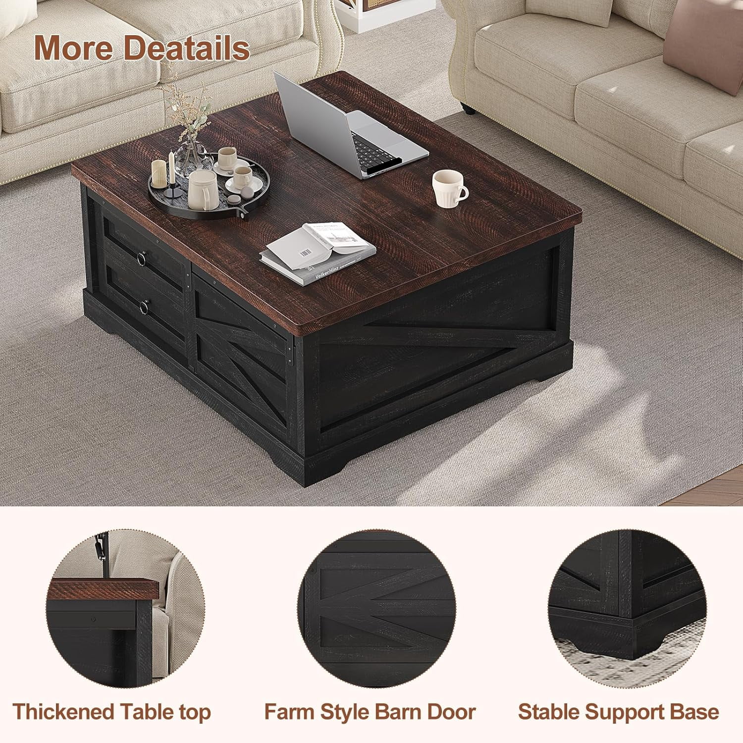 39.4" Lift-Top Coffee Table with Storage, Farmhouse Square Coffee Table with Drawers, Sliding Door and Hidden Storage Compartment, Center Table Gaming Station or Workspacefor Living Room, Black