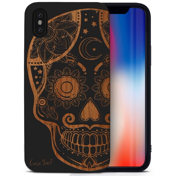 Case Yard Wooden Case for iPhone-XS-Max Soft TPU Silicone cover Slim Fit Shockproof Wood Protective Phone Cover for Girls Boys Men and Women Supports Wireless Charging Gothic Skull Design