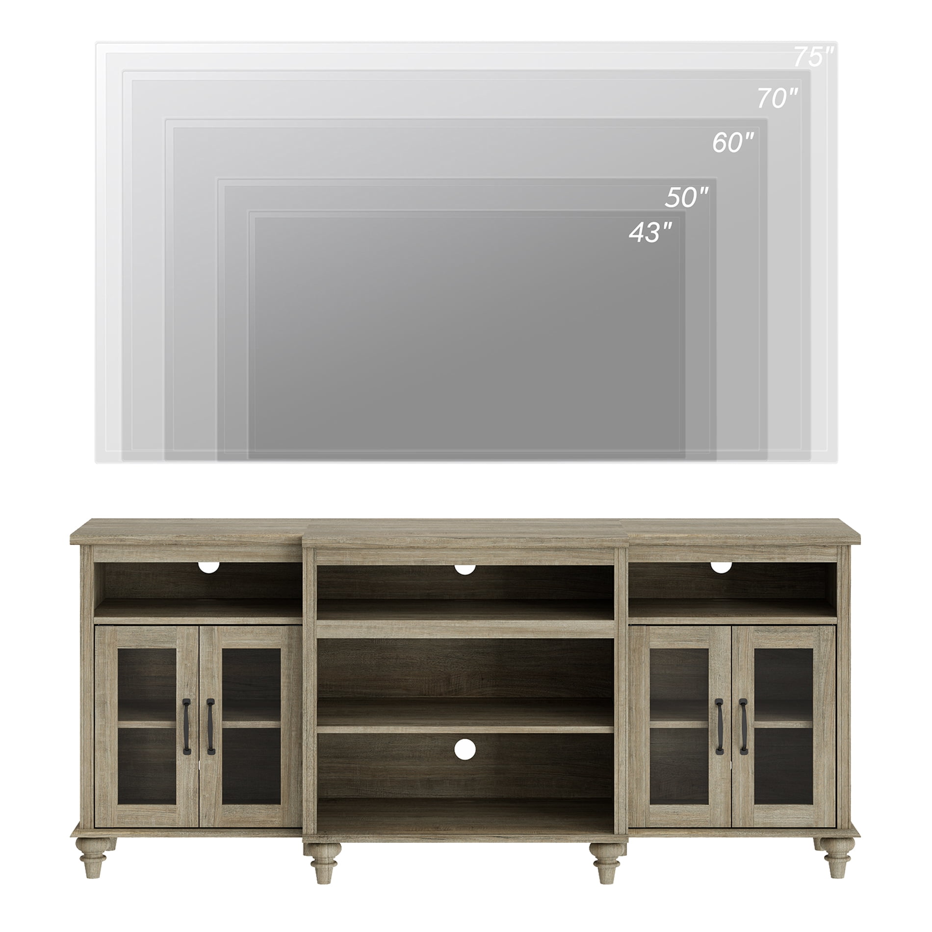 Farmhouse TV Stand for TVs Up to 75 inch, 4-Door Glass and Wood Universal TV Console with 9 Storage Cabinets, Entertainment Center Table for Living Room Bedroom, Wash Grey