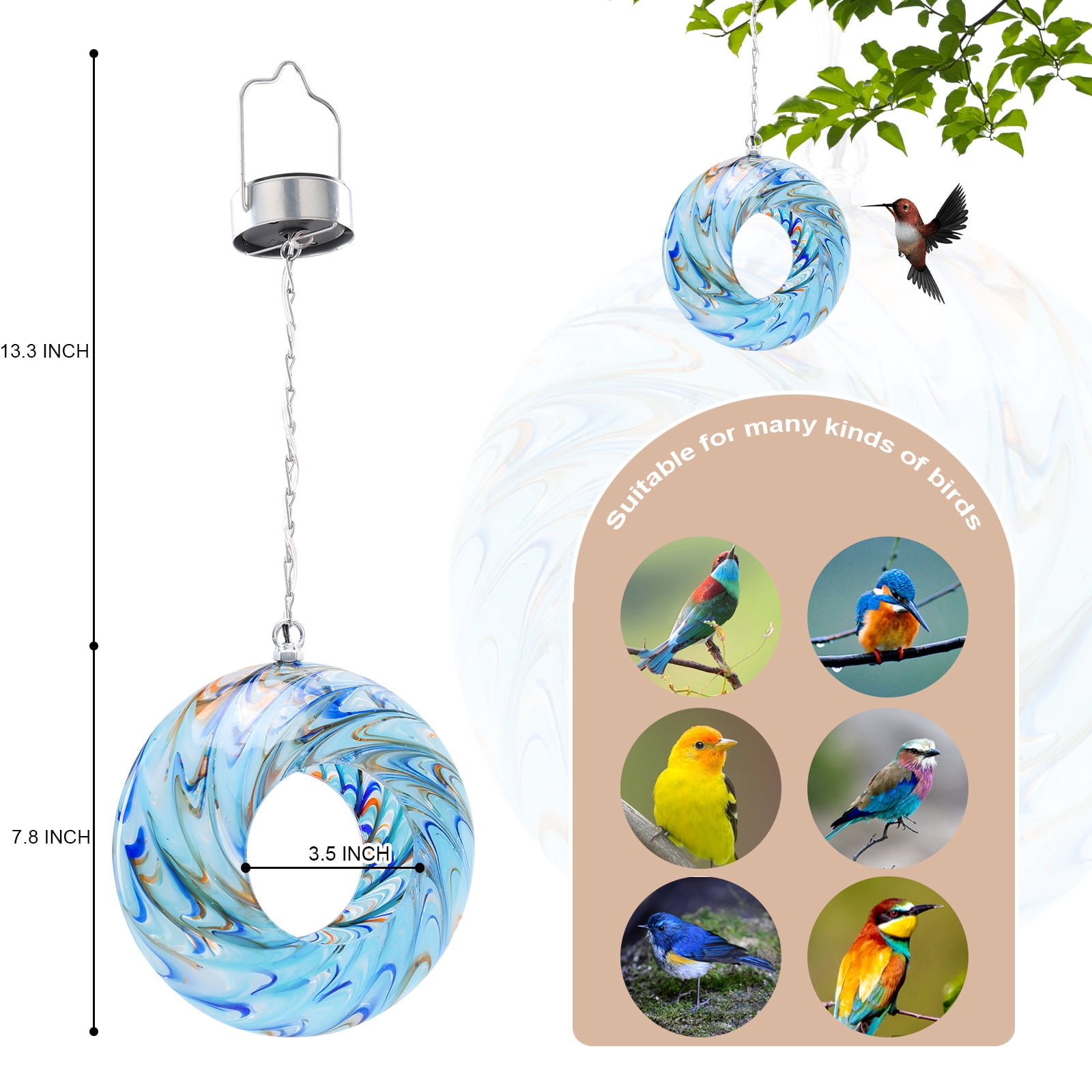 Outdoor Bird Feeder,Swirl Glass Solar Bird Feeder,Fly-Through Design with LED Lights, Decorative Outdoor Accent for Garden & Bird Watching Decor