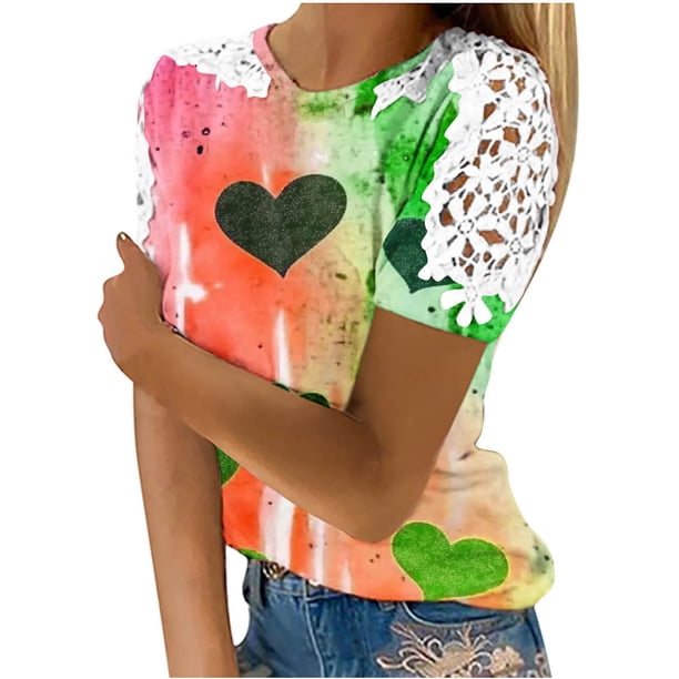 Camisas de Manga Corta para las Mujeres Impresión Cuello Redondo Suéter Encaje Blusa, Top Casual para el Hogar Y Diario