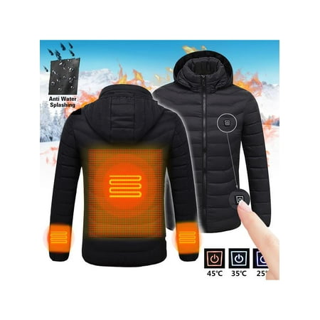 Mens Intelligent Heating USB Hooded Heated Jacket Outerwear Workwear Motorcycle Skiing Winter Warm Warmer Coats Hoodie Breathable Coat Adjustable (Portable Source Not