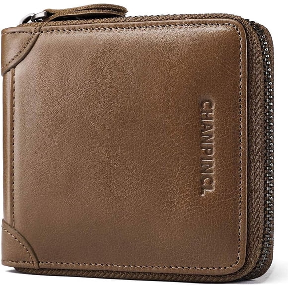 Cartera de Cuero Genuino para Hombre con Zíper, RFID, Segura, de Gran Capacidad, Doble Pliegue, Multi-tarjeta, Carteras de Cuero para Hombre y Monedero