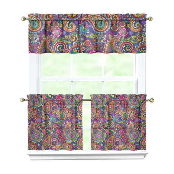 Paisley Design Kitchen Curtains and Valances Set - 3 Piece Kitchen Curtains Sets with Valance for Windows Rod Pocket Machine Washable Kitchen Decor Decorations (54"x18" 2x27.5"x24")