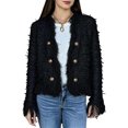 thumbnail image 2 of Karymi Solid Tweed‑Fringe Cropped Jackets for Women, V‑Neck Gold‑Button Long‑Sleeve Elegant Open‑Front Outerwear, 2 of 5