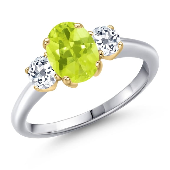 Gem Stone King 925 Silver and 10K Yellow Gold Yellow Lemon Quartz and White Topaz Engagement Ring for Women | 1.76 Cttw | Oval 8X6MM | Gemstone Birthstone | Size 8