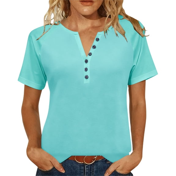 Womens Plus Size Henley Shirt, Short Sleeve Shirts for Women Summer Casual Loose Fit Solid Color Button Up Crewneck T-Shirts