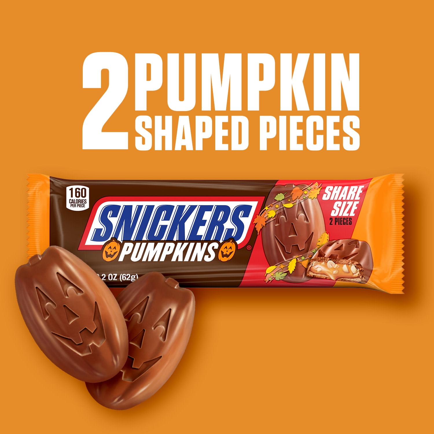(2 pack) Snickers Pumpkins Chocolate Halloween Candy Bars, Share Size - 2.2 oz pack