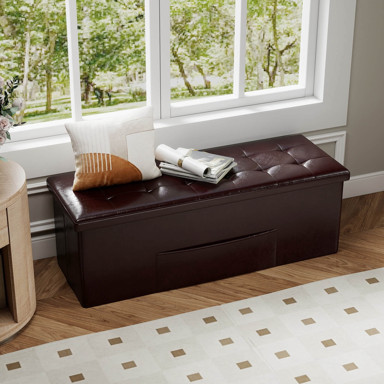 Costway 43''x15''x15'' Large Folding Storage Faux Leather Ottoman Pouffe Box Stool Brown