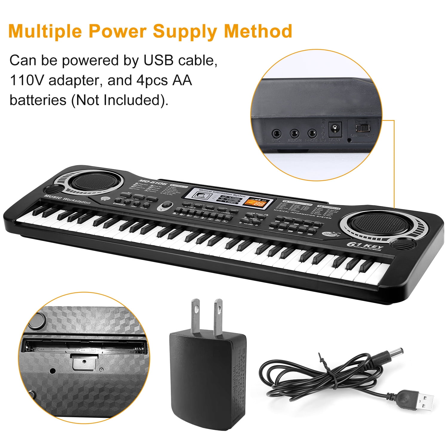 TeqHome 61 Key Piano Keyboard Digital Music Electric Keyboard with Microphone 16 Tones and 10 Rhythms Gifts for Beginners Black