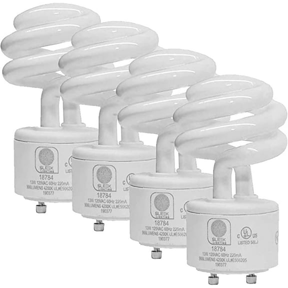 Sleek Lighting 13-Watt T2 Spiral CFL Fluorescent Light Bulb with GU24 Base for Bedroom Lighting, 4200K Warm White, 900 Lumens, 4-Pack