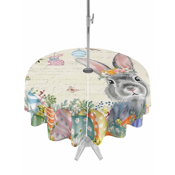 Outdoor Tablecloth with Umbrella Hole and Zipper, Easter Round Table Cloth 60 Inch Waterproof Tablecloth, Spring Grey Bunny Colorful Eggs Tree Butterfly Picnic Table Cover for Patio Camping