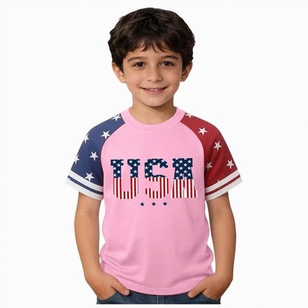 Quealent Grils Boys 4th of July Shirt American Flag T-Shirts USA Star Stripes Graphic Independence Day Outfit for Kids (Pink 2-3 Years)