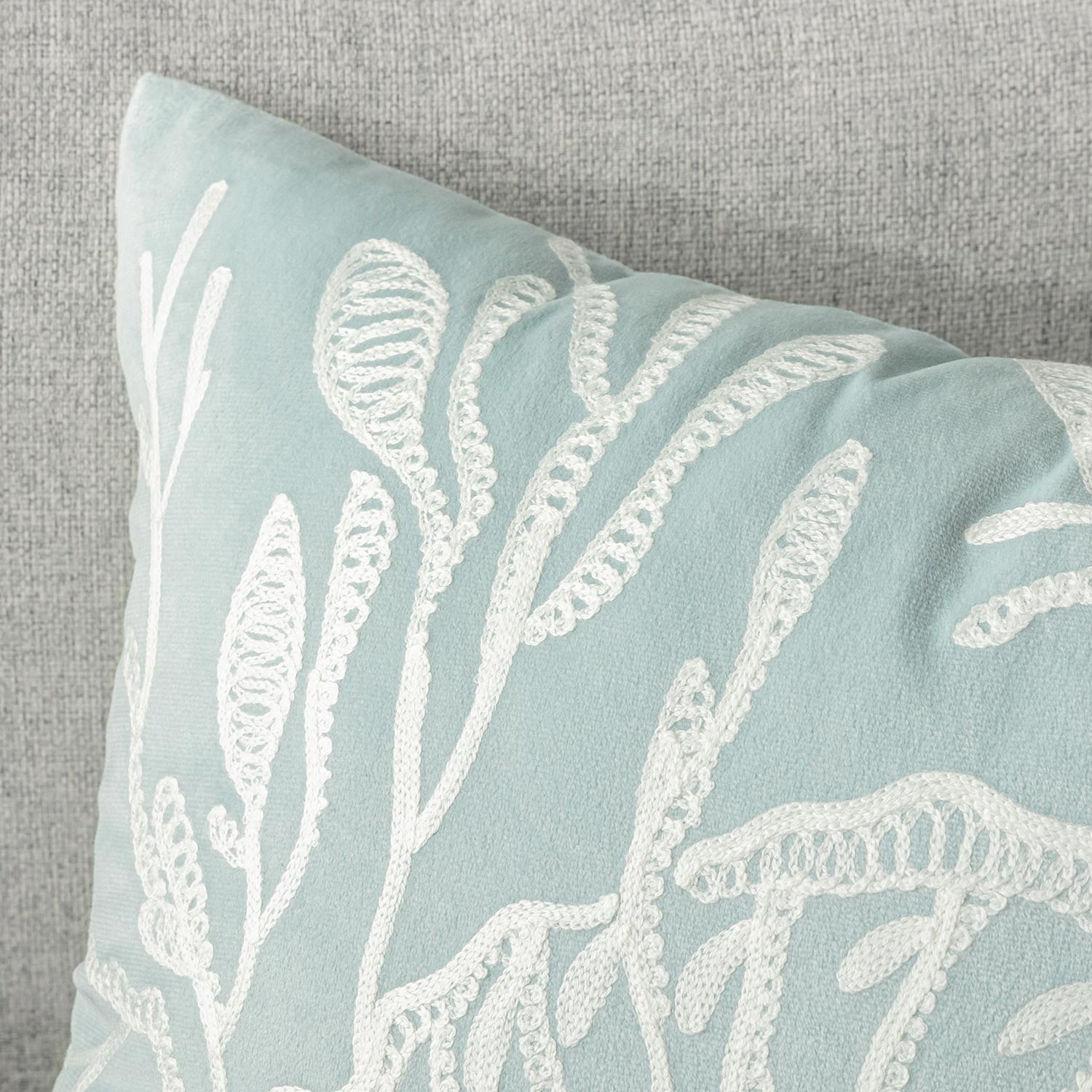 Phantoscope Velvet Embroidered Conch Seashell Throw Pillows, Coastal Coral Design, Light Blue, 18 x 18 in, Set of 2
